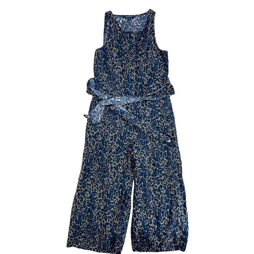 Banana Republic Linen Cotton Wide Leg Cropped Jumpsuit Pockets Animal Print Sz 2